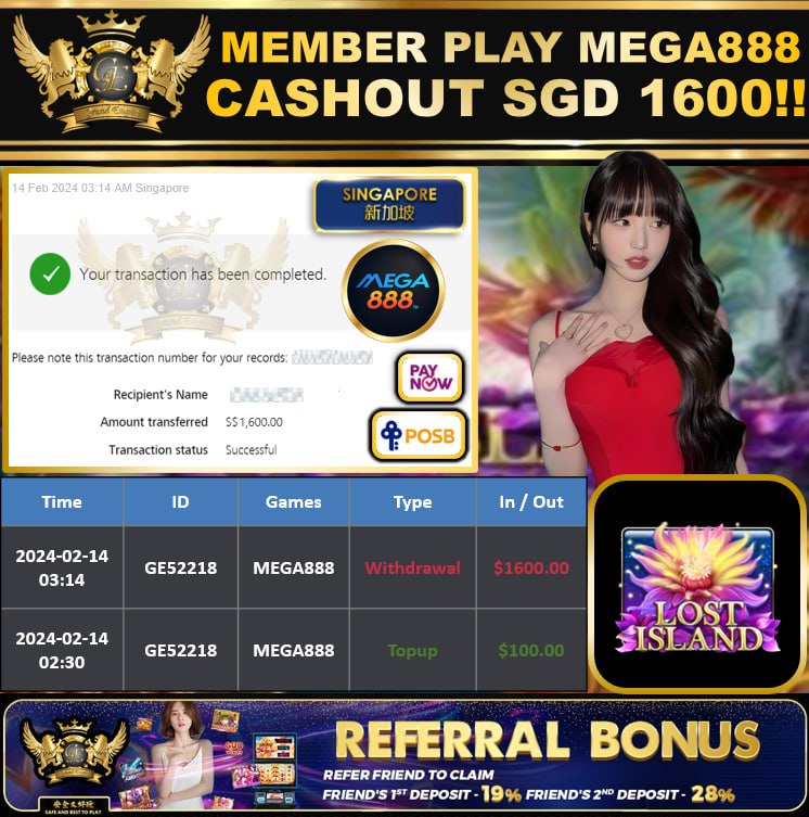 MEGA888 - LOSTISLAND  CASHOUT SGD1,600 !!!