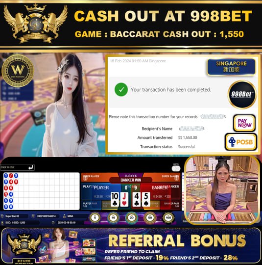 998BET - BACCARAT  CASHOUT SGD1,550 !!!