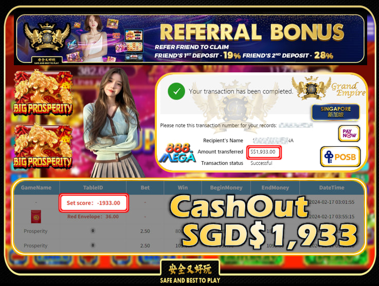 MEGA888 - PROSPERITY - CASHOUT SGD1,933 !!!