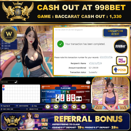 998BET - BACCARAT  CASHOUT SGD 1,330!!!