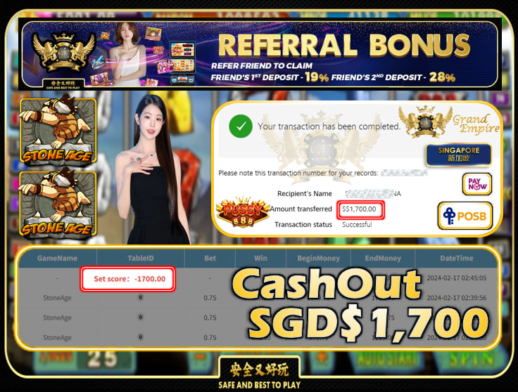 PUSSY888 - STONEAGE - CASHOUT SGD1,700 !!!