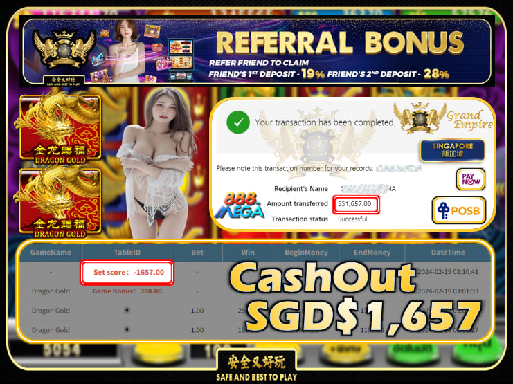 MEGA888 - DRAGON GOLD - CASHOUT SGD1,657 !!!