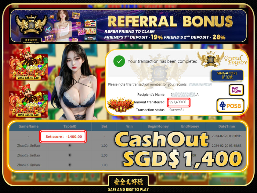 PUSSY888 - ZHAOCAIJINBAO - CASHOUT SGD1,400!!!