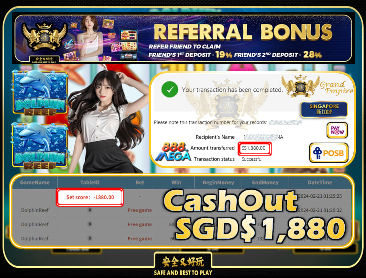 MEGA888 - DOLPHINREEF - CASHOUT SGD1,880 !!!