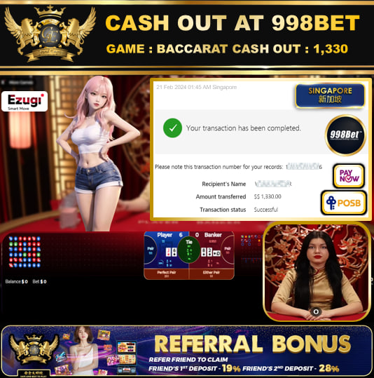 998BET - BACCARAT  CASHOUT SGD 1,330!!!