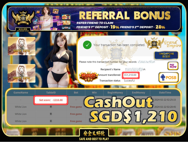 PUSSY888 - WHITE LION  CASHOUT SGD 1,210!!!