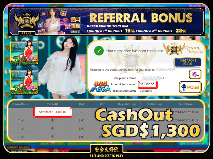 MEGA888 - THAI - CASHOUT SGD 1300!!!