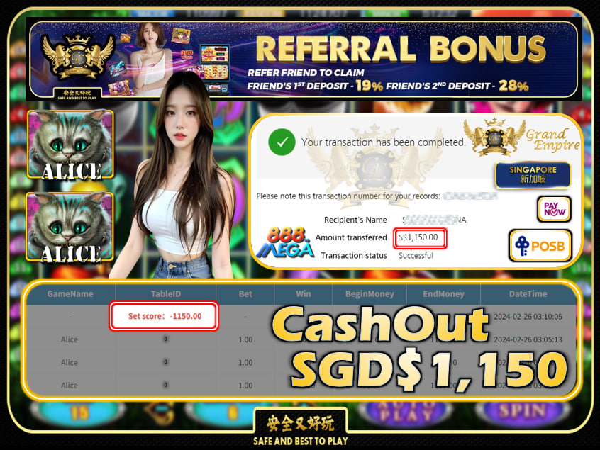 MEGA888 - ALICE CASHOUT SGD 1,150 !!!