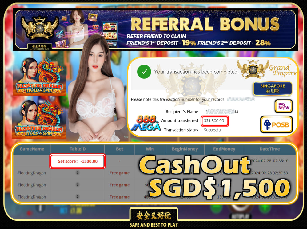 MEGA888 - FLOATINGDRAGON - CASHOUT SGD 1,500!!!