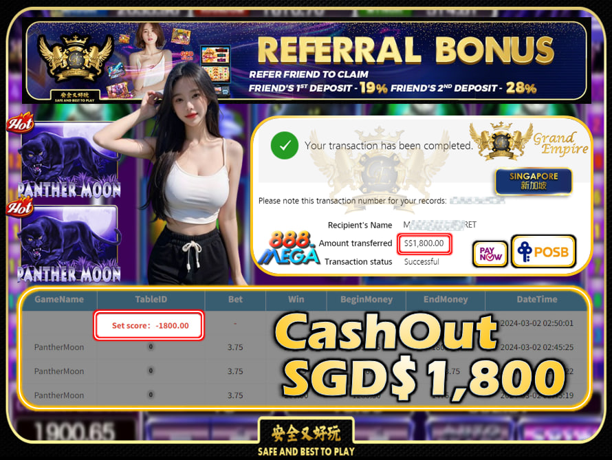 MEGA888 - PANTHRMOON - CASHOUT SGD 1,800!!!