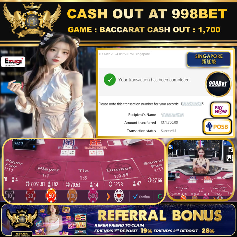 998BET - BACCARAT  CASHOUT SGD 1,700!!!
