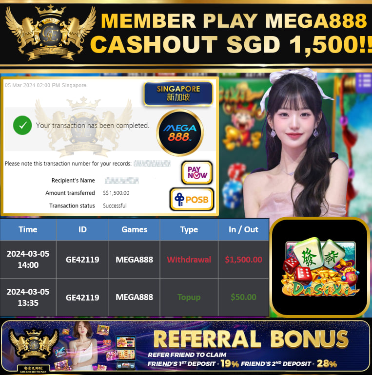 MEGA888 - DA SI XI  CASHOUT SGD 1,500!!!