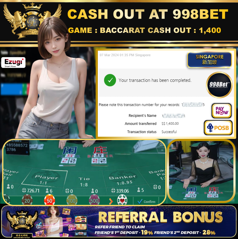 998BET -BACCARAT -  CASHOUT SGD 1,400!!!