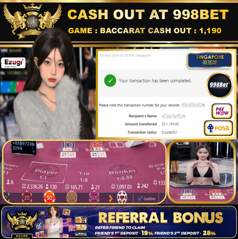 998BET - BACCARAT  CASHOUT SGD 1,190!!!