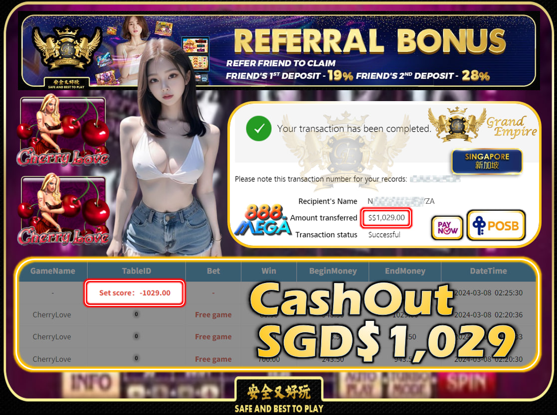 MEGA888 - CHERRYLOVE -  CASHOUT  SGD 1,029!!!