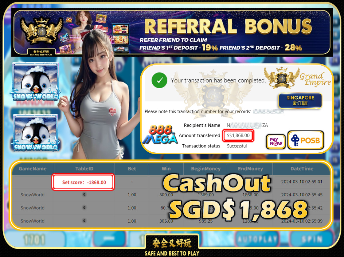 MEGA888 -  SNOWWORLD -  CASHOUT  SGD 1,868!!!