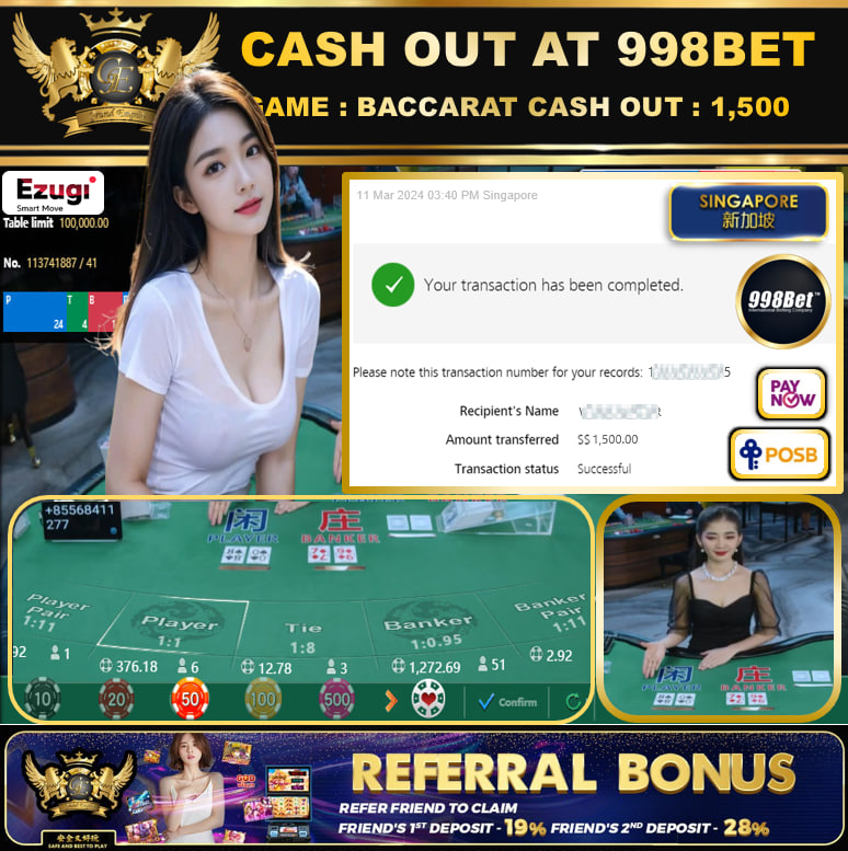 998BET - BACCARAT  CASHOUT SGD 1,500!!!