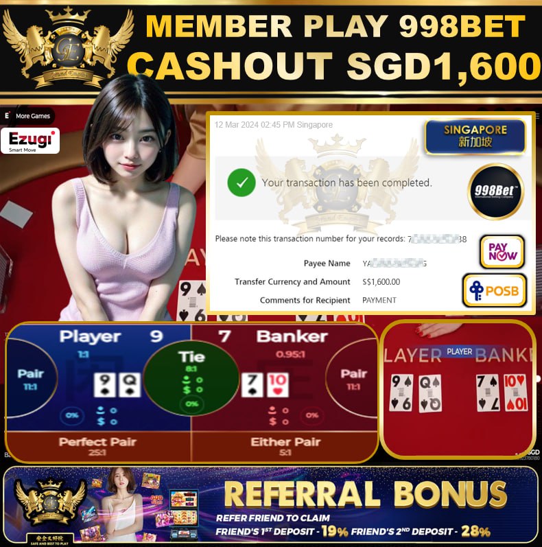 998BET - BACCARAT  CASHOUT SGD 1,600!!!