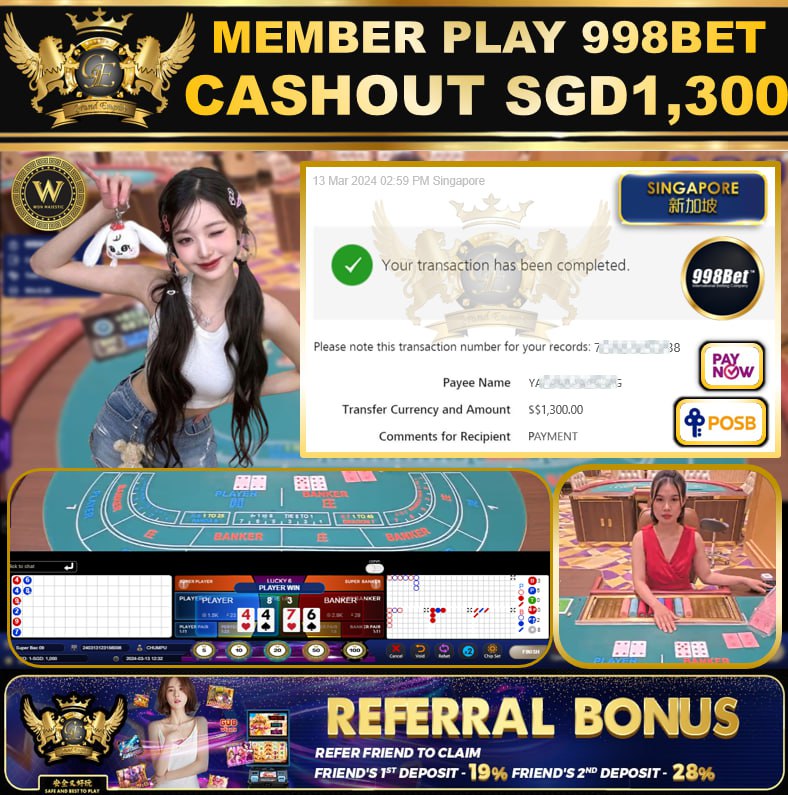 998BET - BACCARAT  CASHOUT SGD 1,300!!!