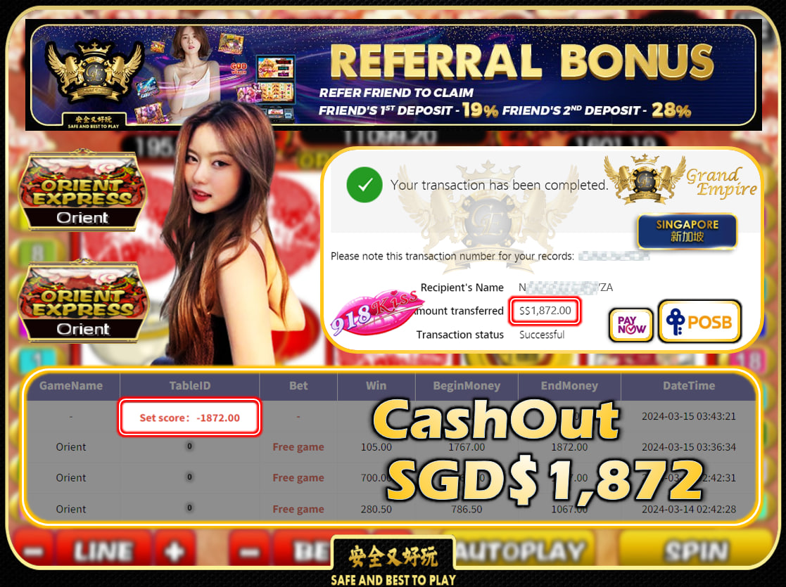 918KISS - ORIENT -  CASHOUT SGD 1,872!!!