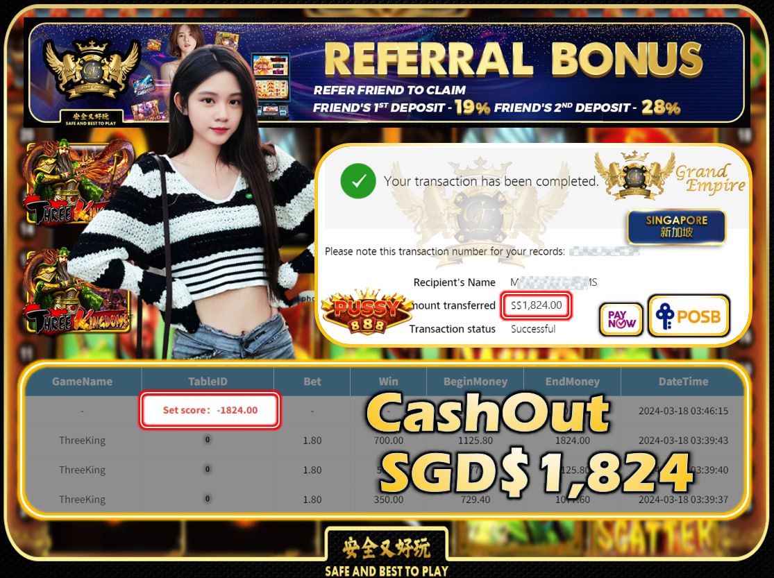 PUSSY888 - THREEKING -  CASHOUT SGD 1,824!!!