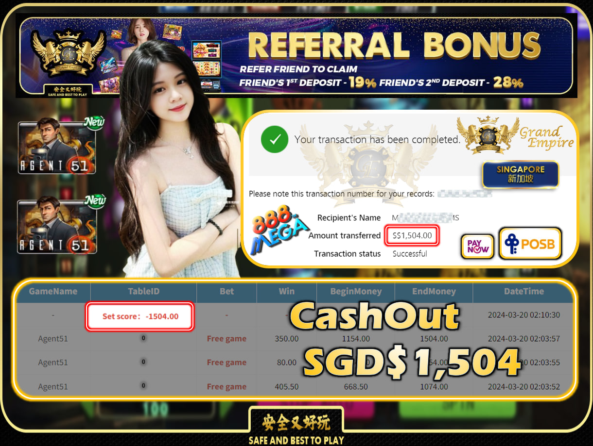 MEGA888 - AGENT51-  CASHOUT SGD 1,504!!!