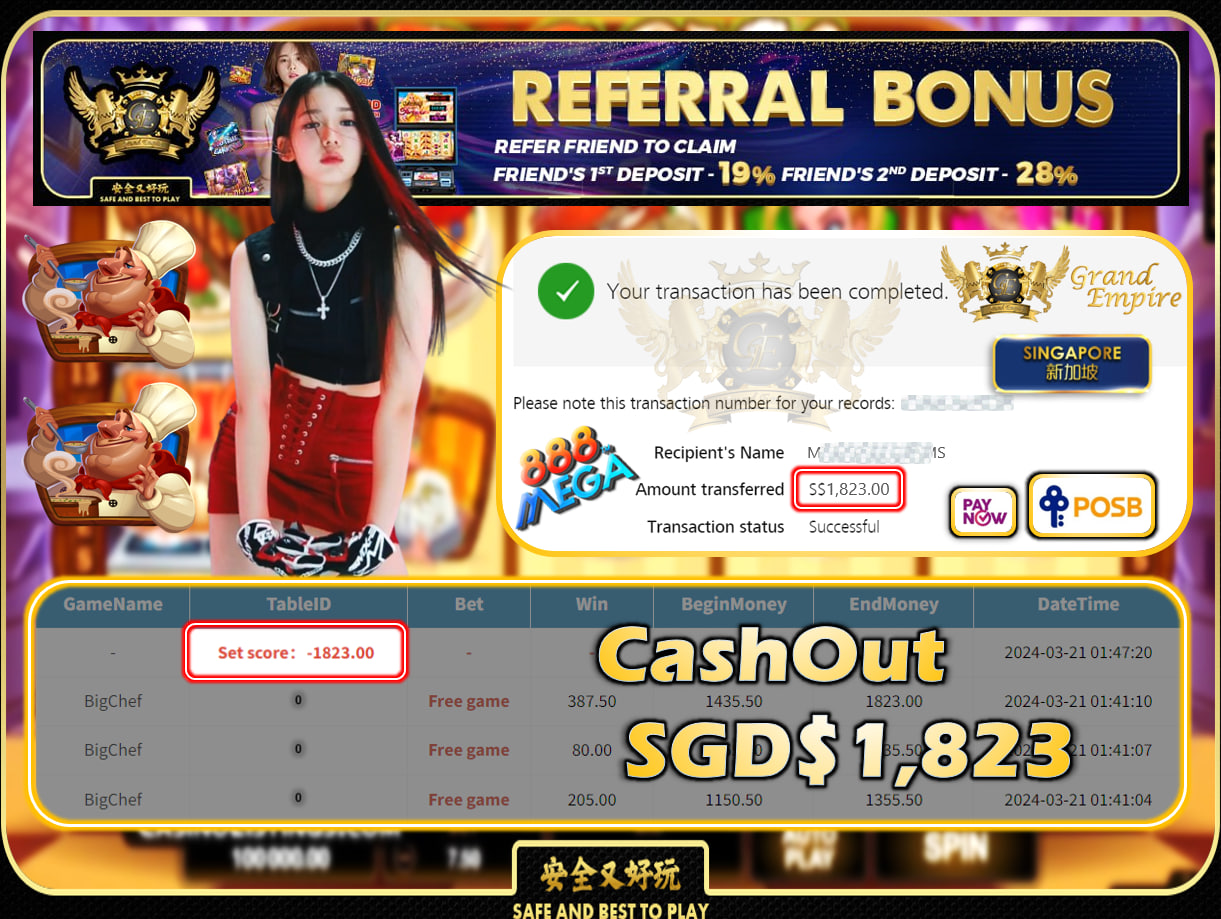 MEGA888 - BIGCHEF-  CASHOUT SGD 1,812!!!