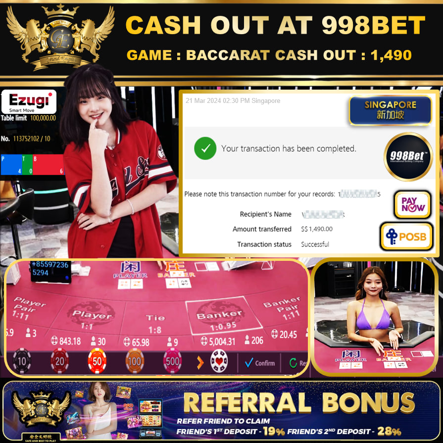 998BET - BACCARAT-  CASHOUT SGD 1,490!!!