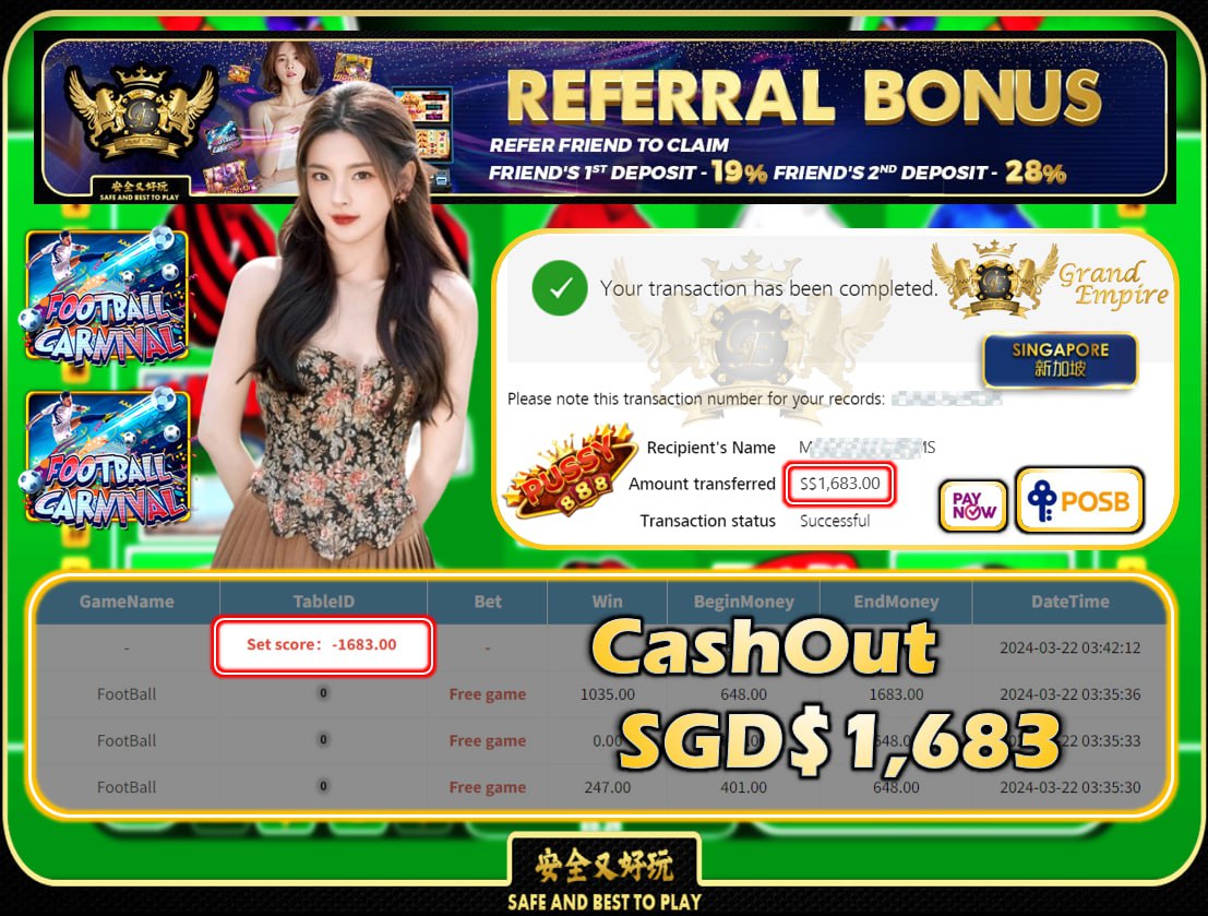 PUSSY888 - FOOTBALL-  CASHOUT SGD 1,683!!!