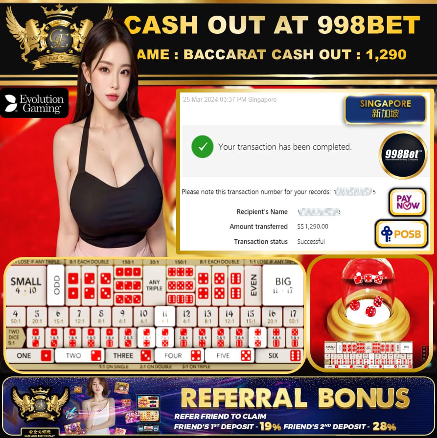 998BET - BACCARAT-  CASHOUT SGD 1,290!!!