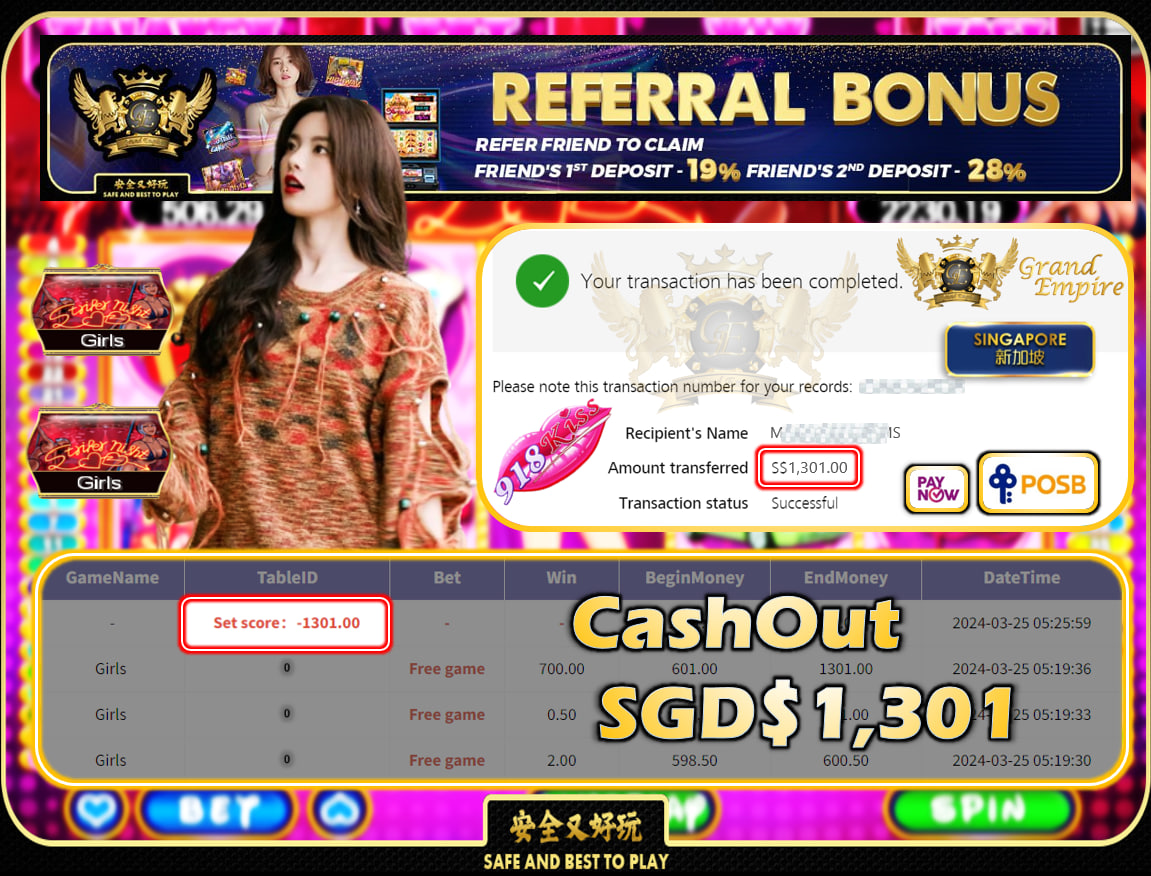 918KISS -  GIRL - CASHOUT SGD1,301!!!