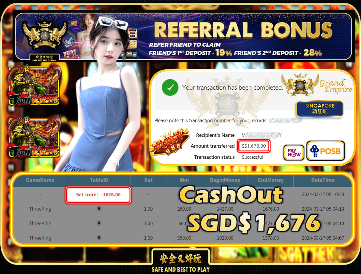 PUSSY888 -  THREEKING - CASHOUT SGD1,676!!!