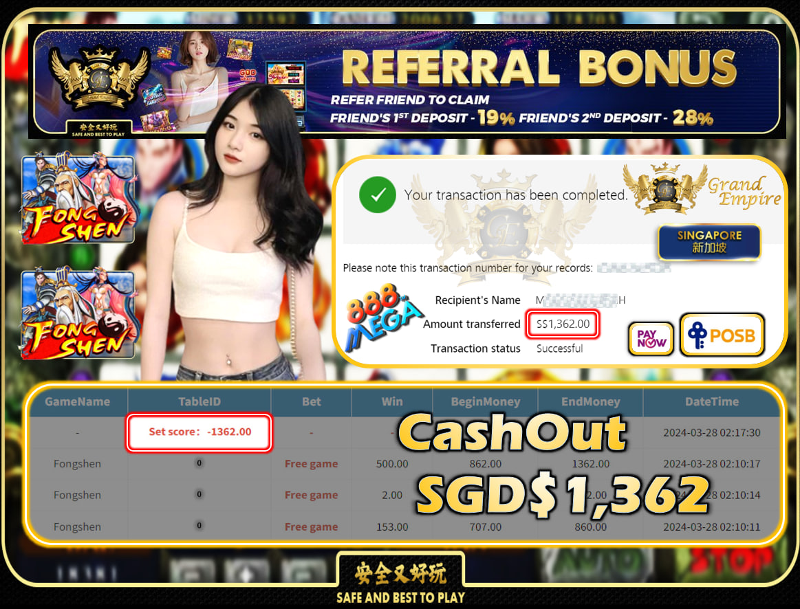 MEGA888 - FONGSHEN - CASHOUT SGD1,362!!!