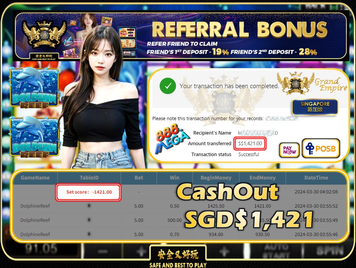 MEGA888 - DOLPHINEREEF - CASHOUT SGD1,421!!!