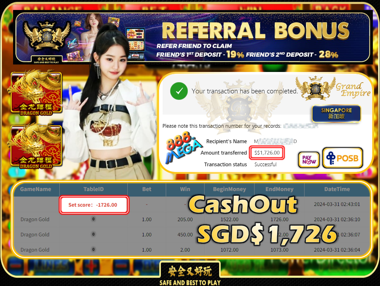 MEGA888 - DRAGON GOLD - CASHOUT SGD1,726!!!