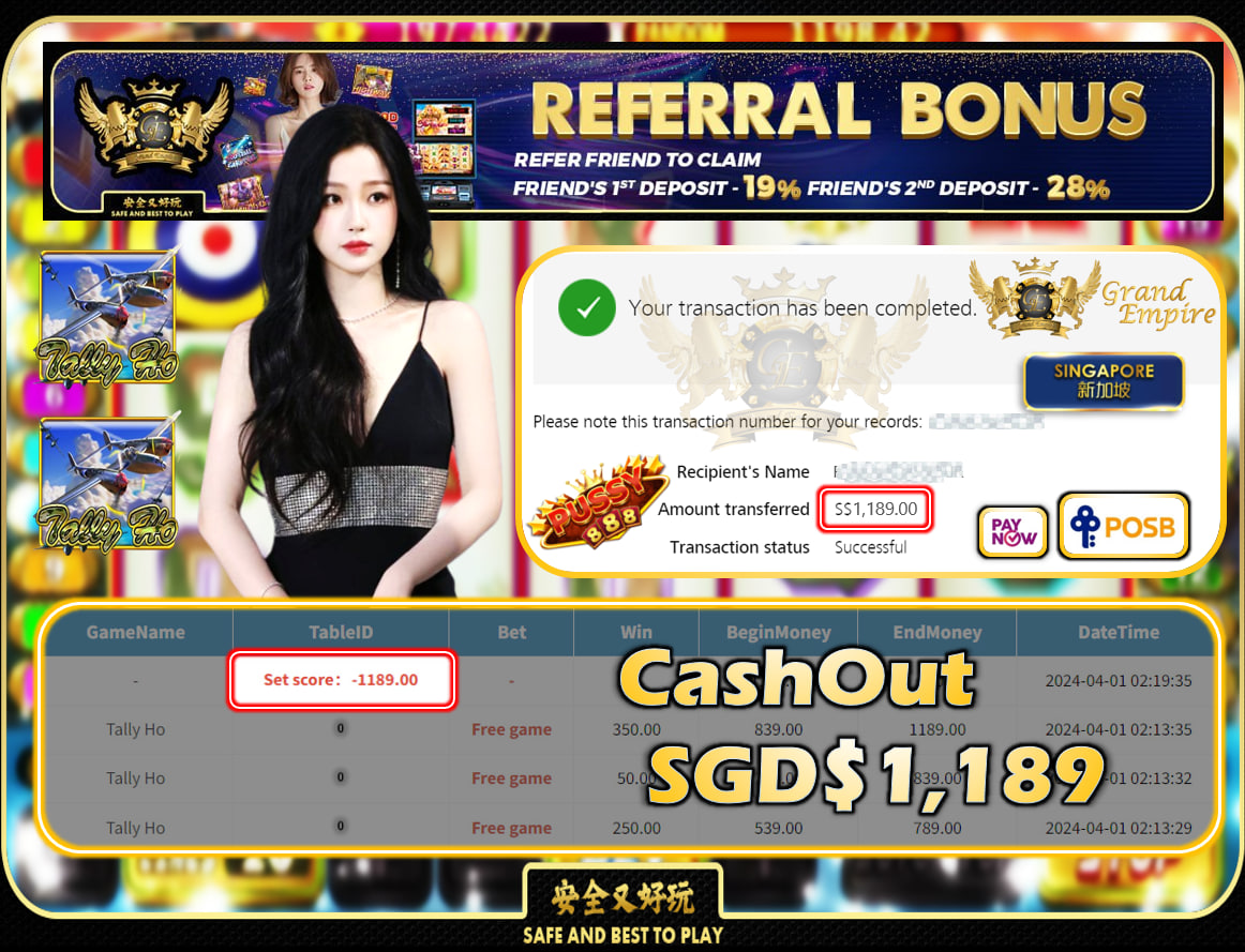 PUSSY888 - TALLY HO -  CASHOUT  SGD 1,189!!!