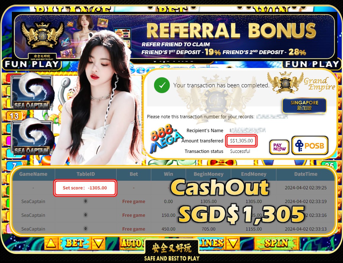 MEGA888 - SEACAPTAIN - CASHOUT SGD1,305!!!