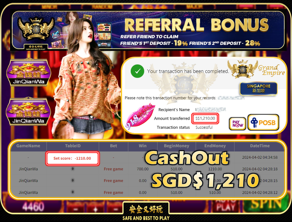 918KISS -  JINQIANWA - CASHOUT SGD1,210!!!