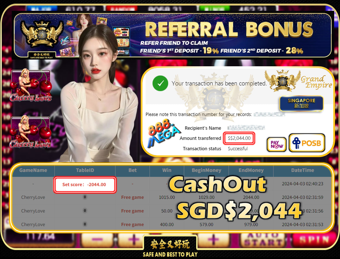 MEGA888 - CHERRYLOVE - CASHOUT SGD2,044!!!