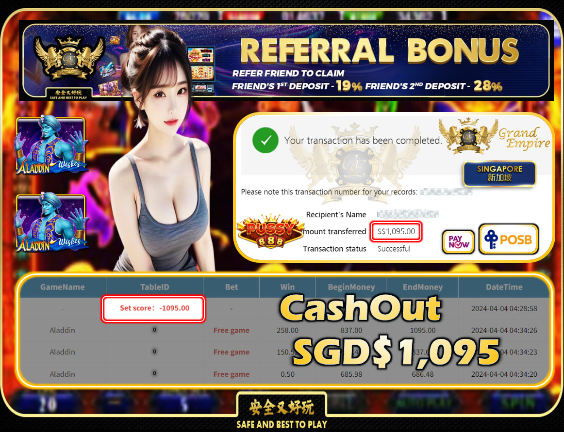 PUSSY888 - ALADDIN - CASHOUT SGD1,095!!!