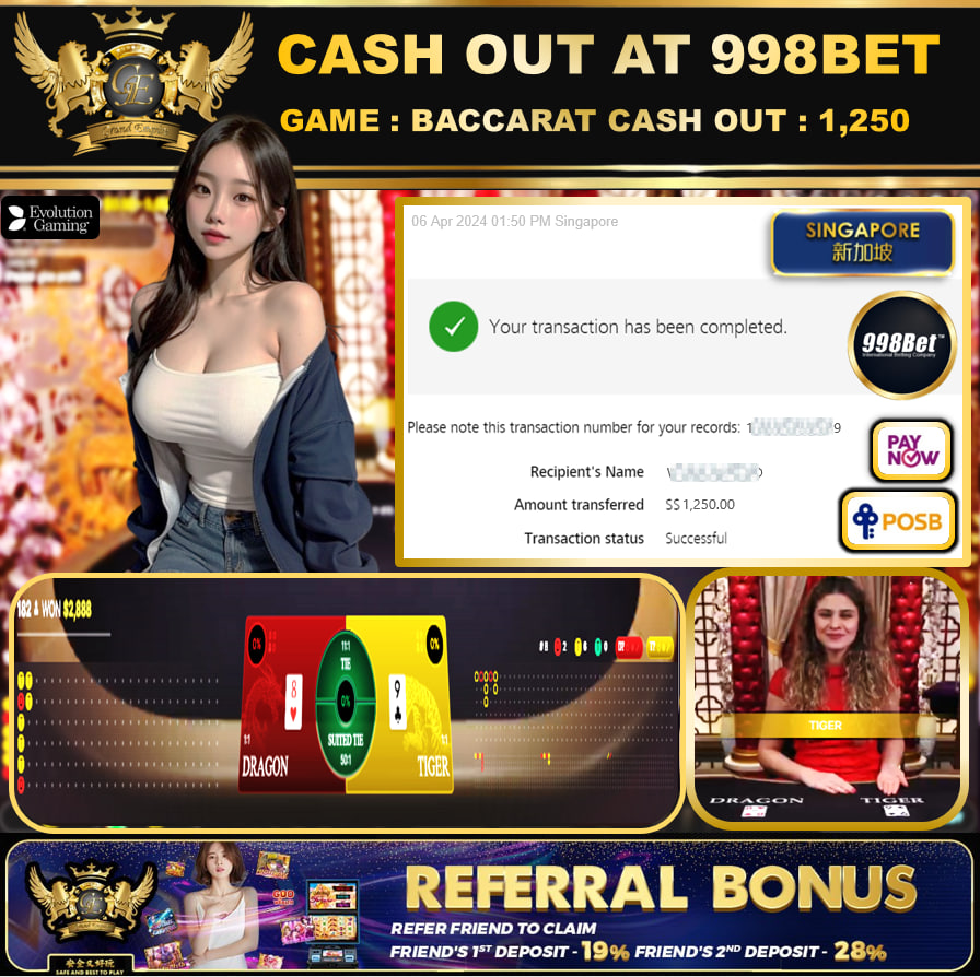 998BET - DRAGON TIGER - CASHOUT SGD1,250!!!