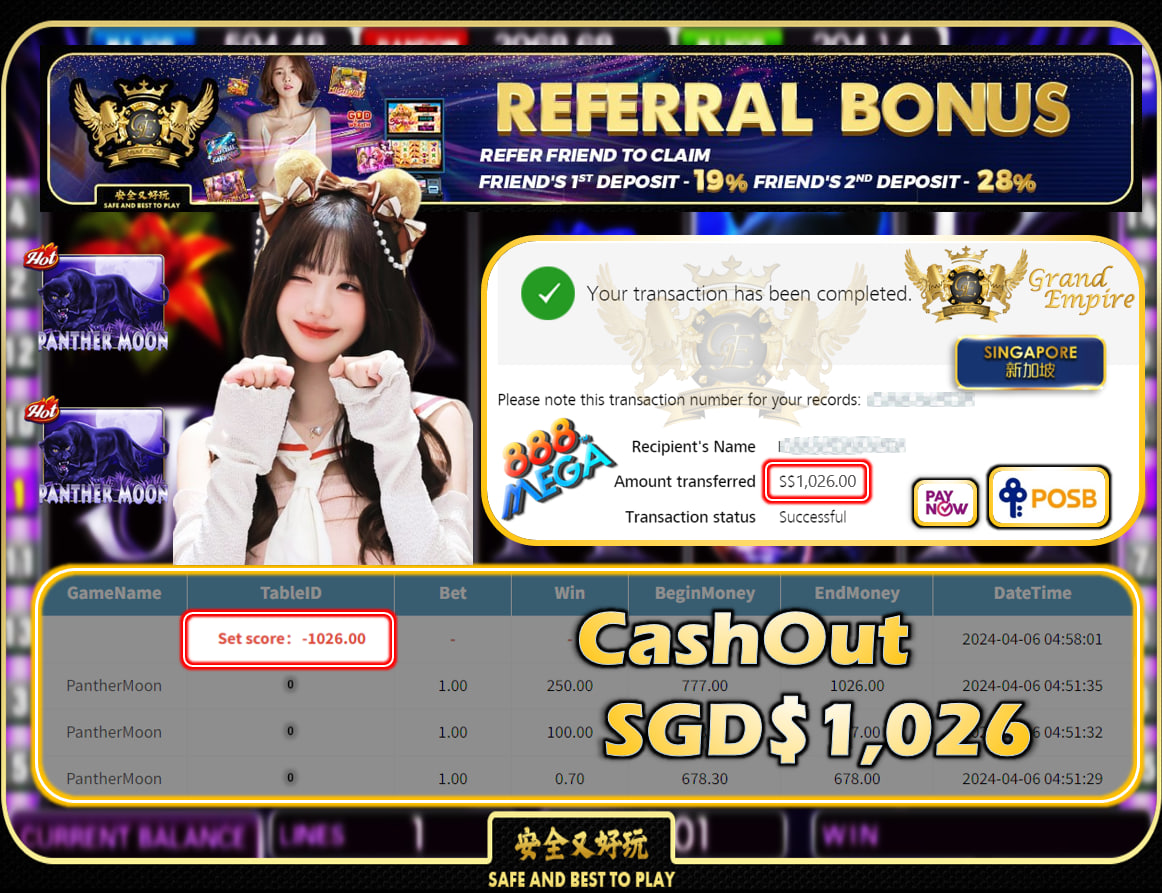 MEGA888 - PANTHERMOON - CASHOUT SGD1,026!!!