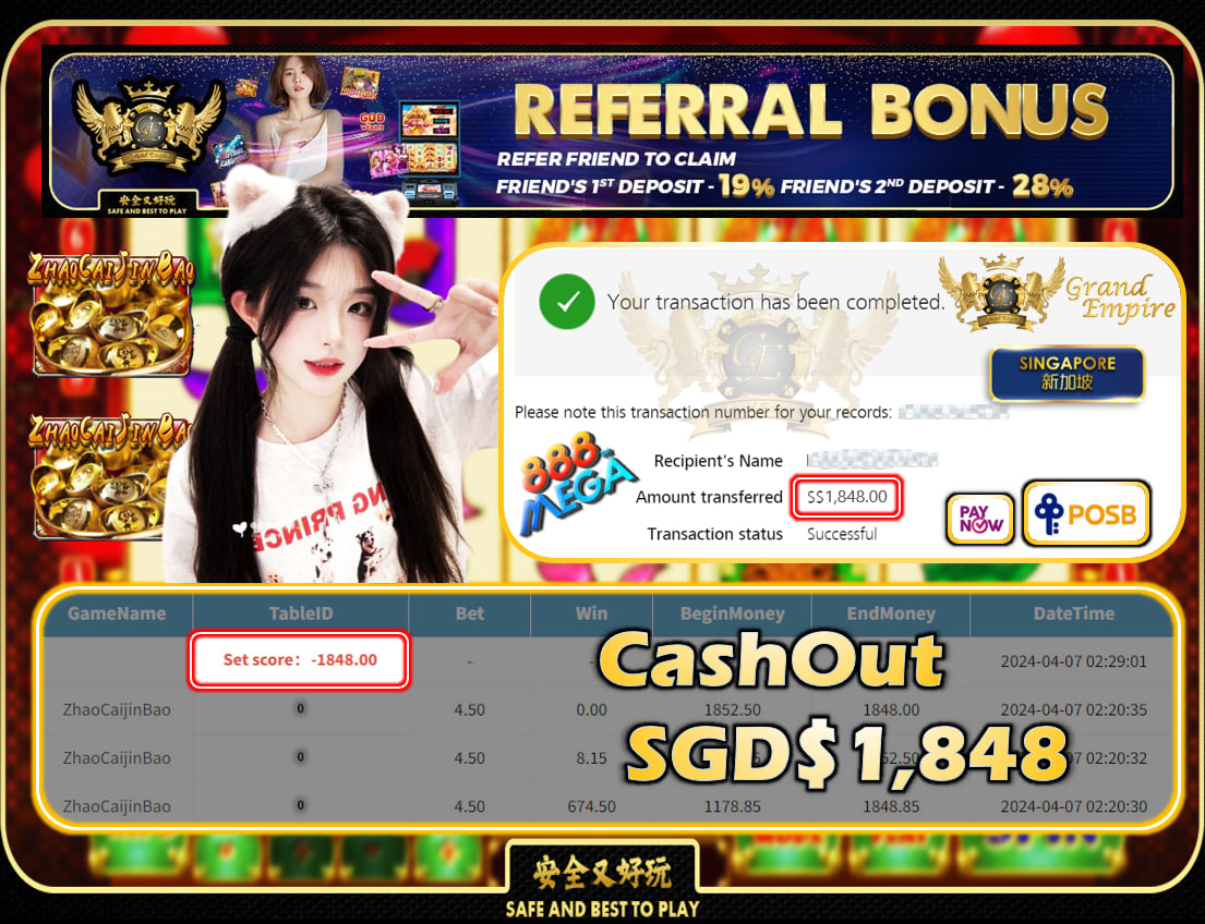 MEGA888 - ZHAOCAIJINBAO - CASHOUT SGD1,848!!!