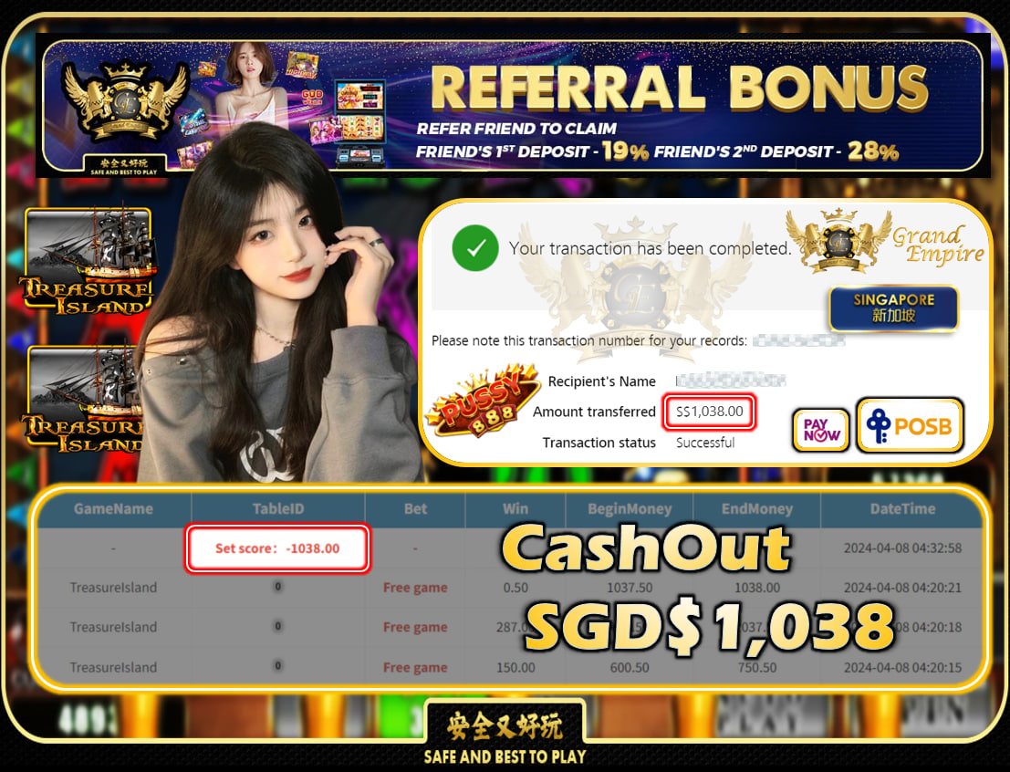 PUSSY888 -TREASUREISLAND - CASHOUT SGD1,038!!!