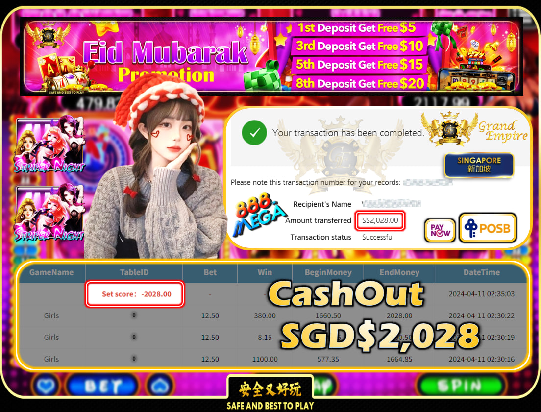 MEGA888 - STRIPER NIGHT - CASHOUT SGD2,028!!!