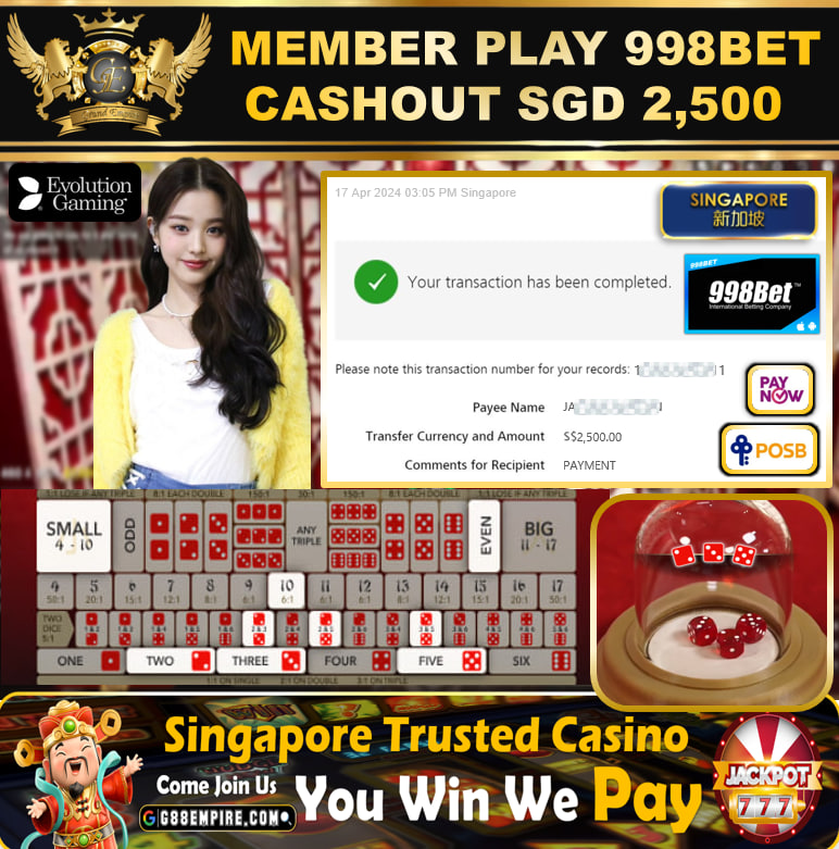 998BET -  SICBO - CASHOUT SGD2,500!!!