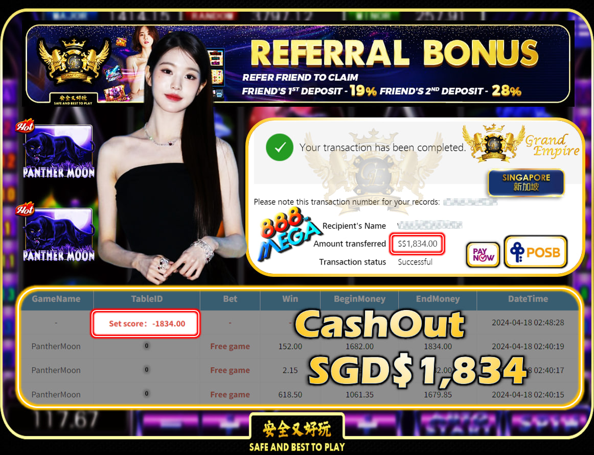 MEGA888 - PANTHERMOON - CASHOUT SGD1,834!!!