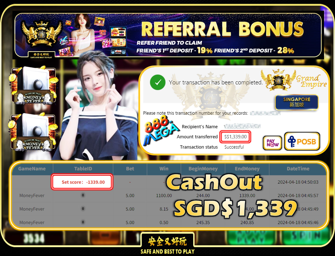 MEGA888 - MONEYFEVER - CASHOUT SGD1,339!!!