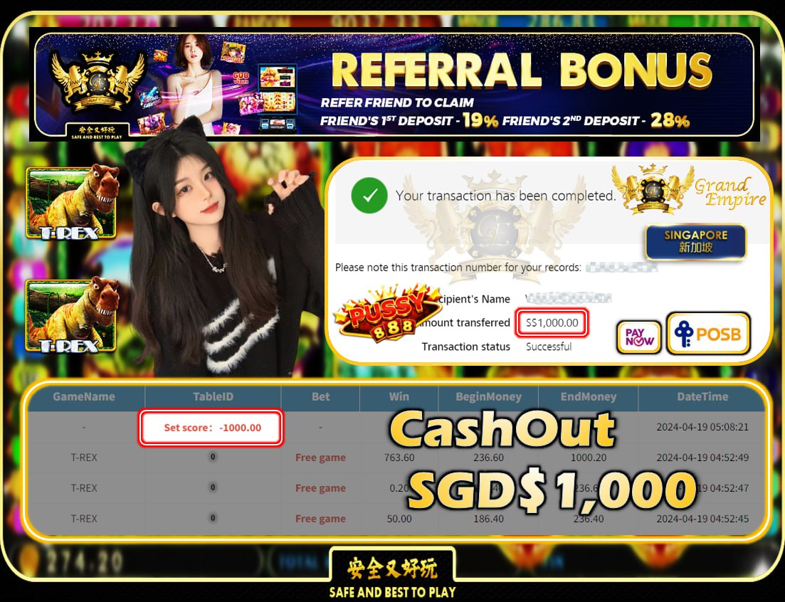 PUSSY888 - T-REX - CASHOUT SGD 1,000!!!