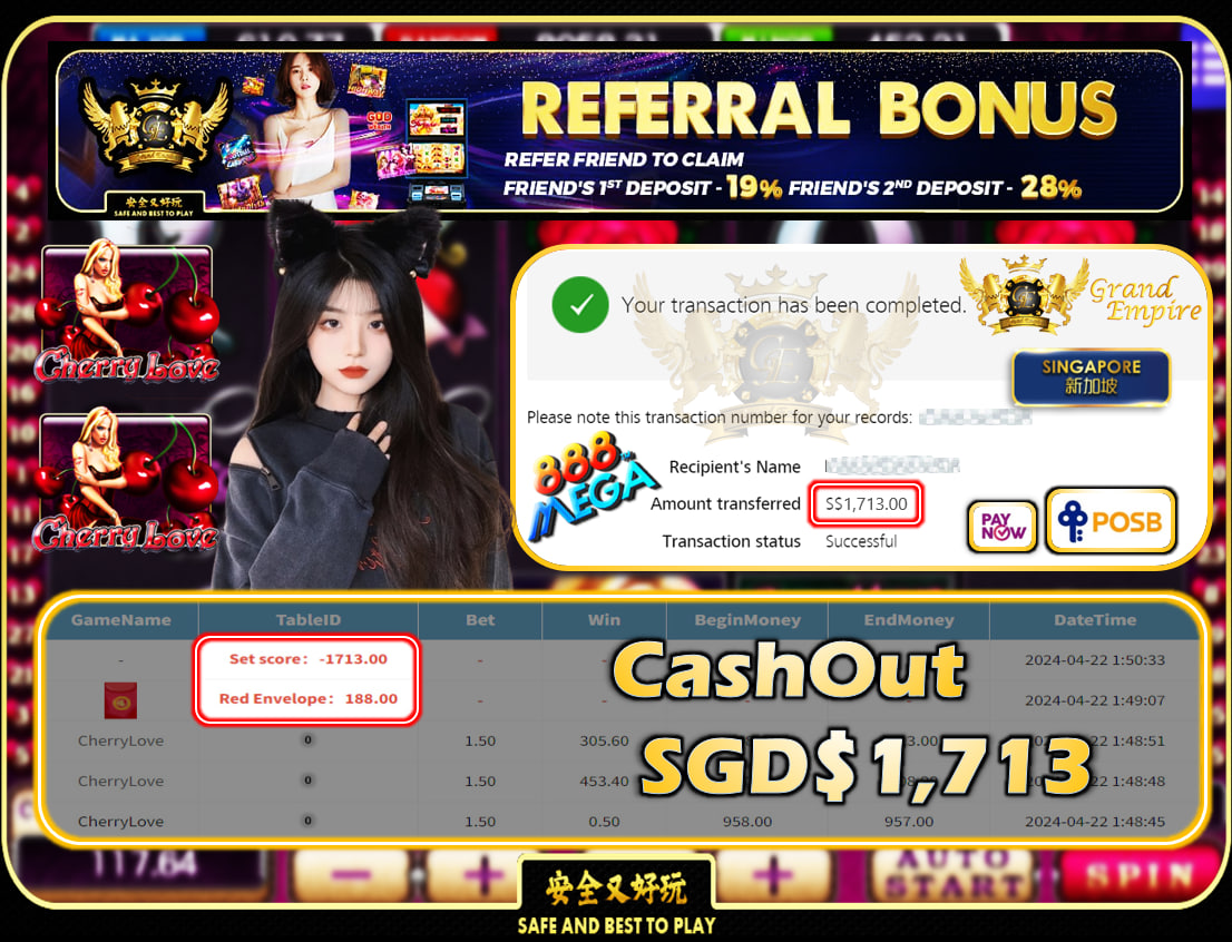 MEGA888 - CHERRYLOVE - CASHOUT SGD 1,713!!!